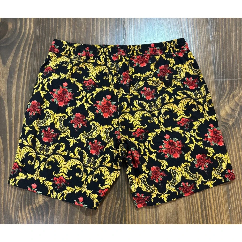 CACTUS MAN Ricky Singh Mens Large Black‎ Gold Red Floral Drawstring Shorts